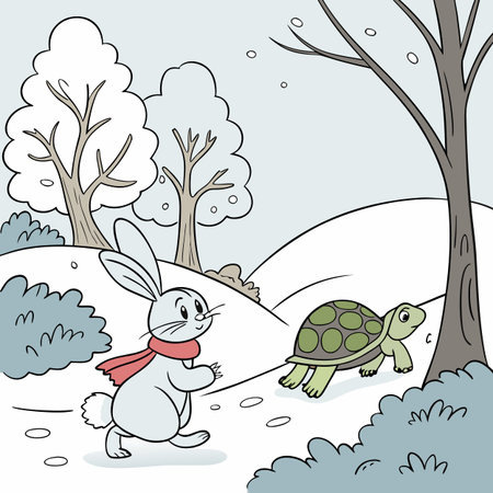 Illustration of a Rabbit and a Tortoise in a Snowy Landscapeのイラスト素材