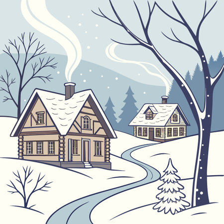 Winter landscape with a house and a snowy road. Vector illustration.のイラスト素材
