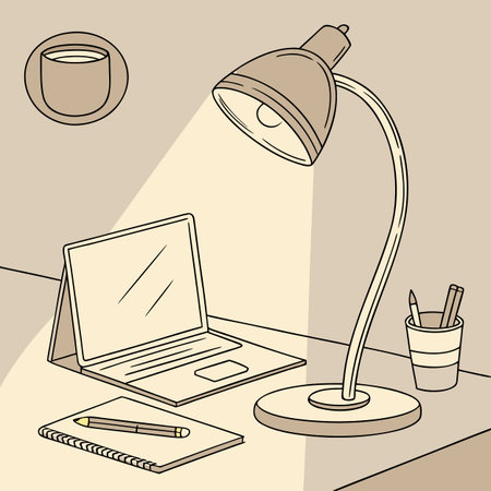 Laptop, coffee cup and pencils on the table. Vector illustrationのイラスト素材