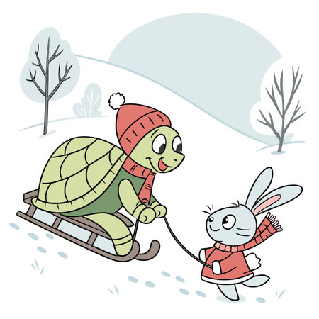 tortoise and rabbit on skis in the winter. vector illustrationのイラスト素材