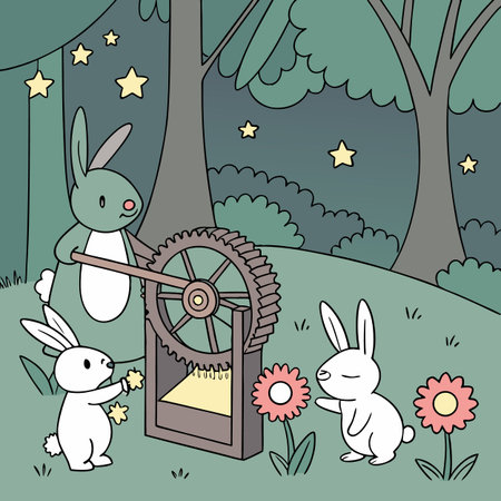 Rabbits and a wheel in the forest. Vector illustration.のイラスト素材