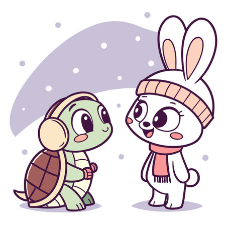Cute cartoon turtle and bunny in winter clothes. Vector illustration.のイラスト素材