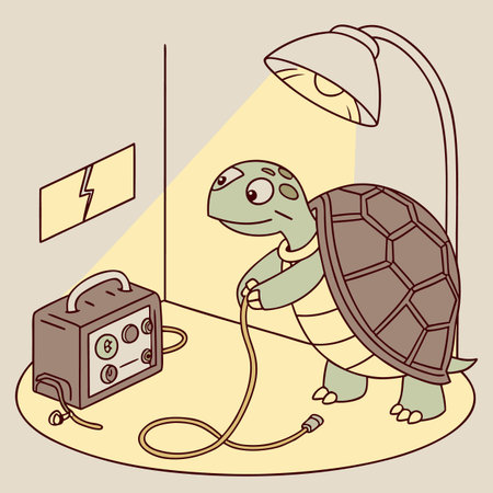 Turtle is charging his electric plug in the room. Vector illustration.のイラスト素材