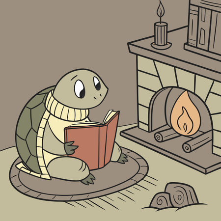 Illustration of a Tortoise Reading a Book near a Fireplaceのイラスト素材