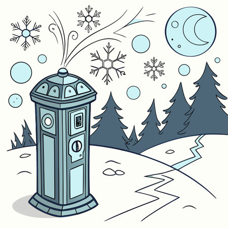 Vector illustration of a cartoon telephone booth in the winter landscape with snowflakesのイラスト素材
