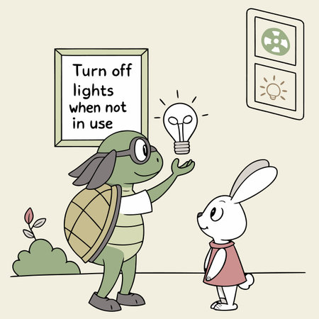 Cute cartoon turtle holding a light bulb in his hand and a little girl looking at himのイラスト素材