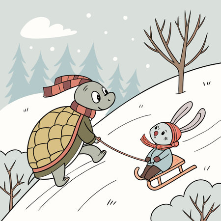 Illustration of a Kid Sledding a Turtle in the Snowのイラスト素材