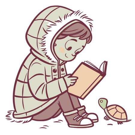 Illustration of a Little Boy Reading a Book in a Winter Parkのイラスト素材