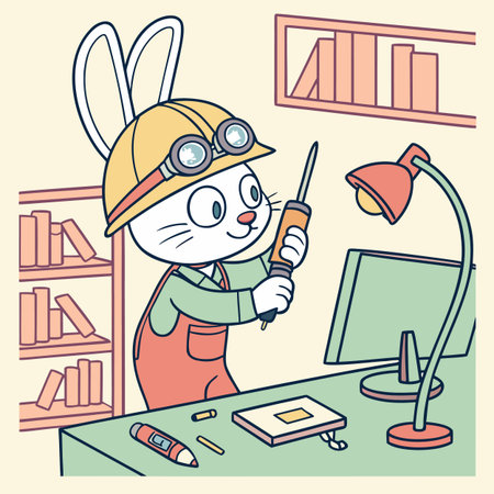 Cartoon Illustration of a Cute Little Bunny Repairing a Computerのイラスト素材