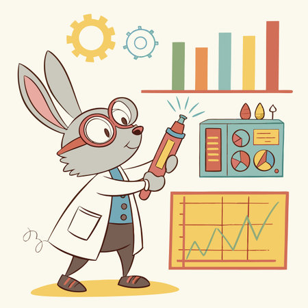 Rabbit scientist holding a big pencil in his hand, vector illustrationのイラスト素材