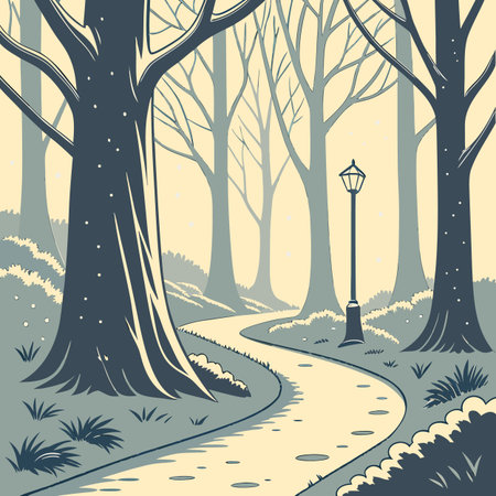 Vector illustration of a path in the forest with a street lamp.のイラスト素材