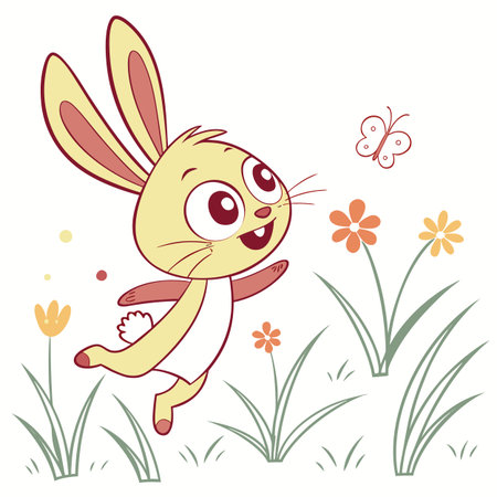 Cute cartoon bunny running in the grass with flowers. Vector illustration.のイラスト素材