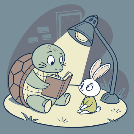 Illustration of a Turtle Reading a Book with a Bunny and a Table Lampのイラスト素材
