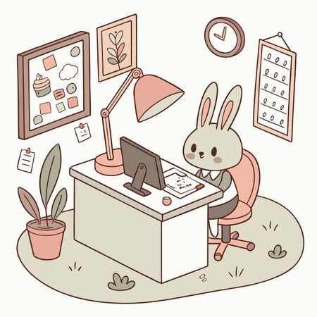 Vector illustration of a cute little rabbit working on a computer in the officeのイラスト素材