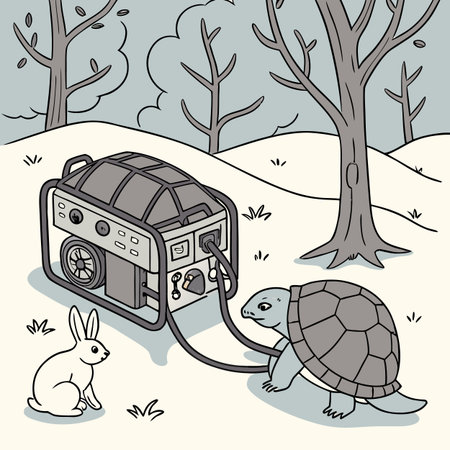 Illustration of a little turtle and a radio in the forest.のイラスト素材