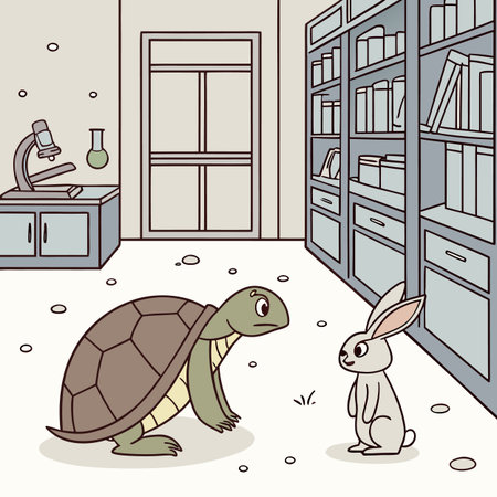 Illustration of a Tortoise and a Rabbit in the Library.のイラスト素材