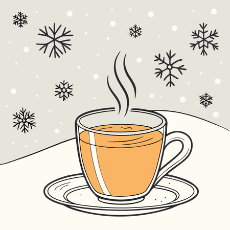 Cup of hot tea with snowflakes on the background. Vector illustration.のイラスト素材