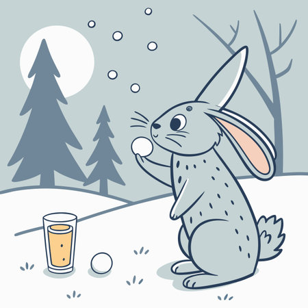 Illustration of a bunny with a glass of beer in the winter forestのイラスト素材