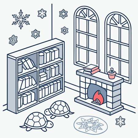 Vector illustration of a fireplace in a cozy room with a fireplace and a bookcase.のイラスト素材