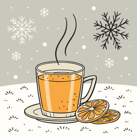 Cup of hot tea with lemon and snowflakes. Vector illustration.のイラスト素材
