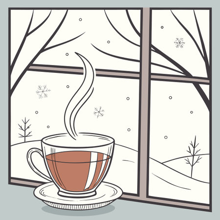 Coffee cup on the windowsill in winter. Vector illustrationのイラスト素材
