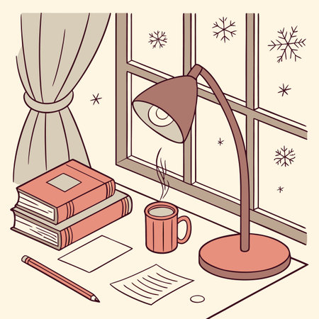 Vector illustration of a window with a cup of coffee, books and a lampのイラスト素材