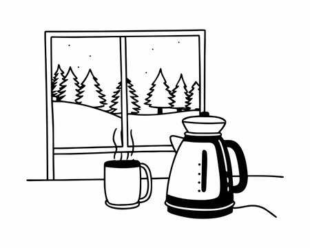 coffee kettle and cup with pines trees vector illustration graphic designのイラスト素材