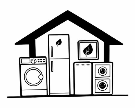 house with washing machine and washing machine icon cartoon in black and white vector illustration graphic designのイラスト素材