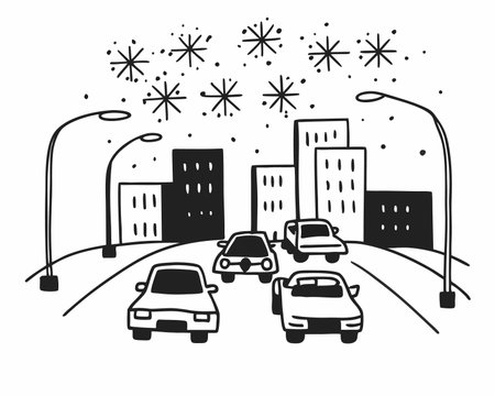 City street with cars and snowflakes. Black and white vector illustration.のイラスト素材