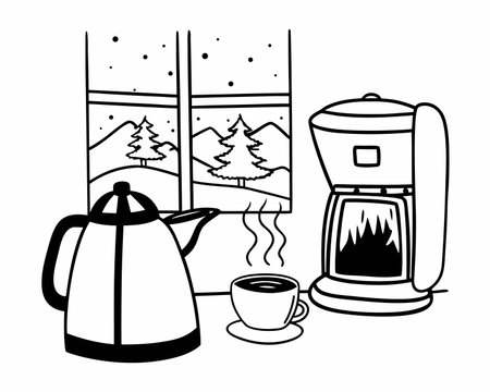 coffee cup with kettle and hot drink cartoon vector illustration graphic designのイラスト素材