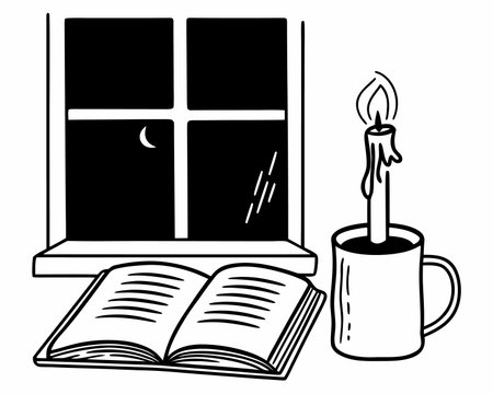 open book with candle and cup of coffee in the window vector illustration designのイラスト素材