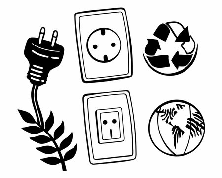 Set of black and white electrical plug and socket icons. Vector illustration.のイラスト素材