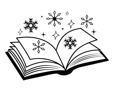 Open book with snowflakes. Black and white vector illustration.のイラスト素材