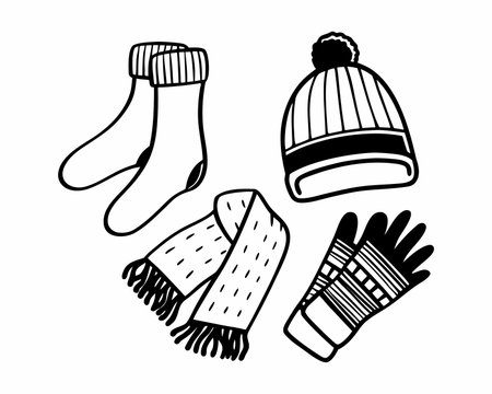Winter hat, scarf, gloves and mittens. Vector illustration.のイラスト素材