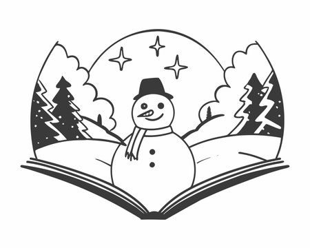 Open book with snowman. Vector illustration in a linear style.のイラスト素材