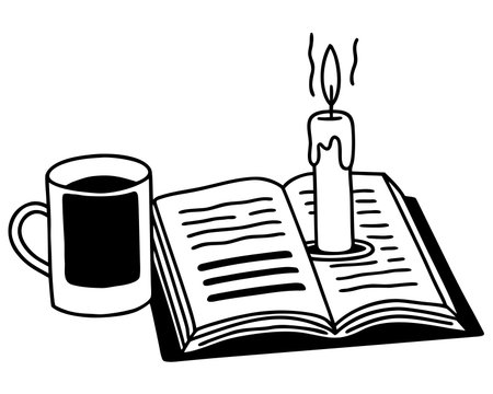 Open book with candle and coffee cup design, Education literature and read theme Vector illustrationのイラスト素材