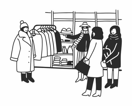 Women shopping in clothing store. Black and white vector illustration of women buying clothes.のイラスト素材