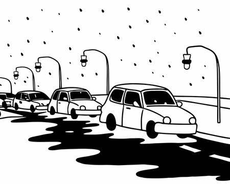 Cars on the road in the rain, black and white vector illustrationのイラスト素材