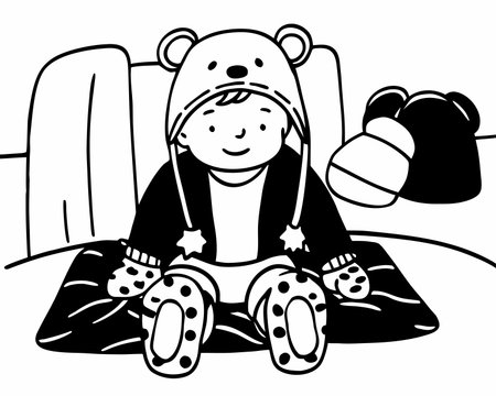 Vector illustration of a cute little bear sitting on the bed and smiling.のイラスト素材