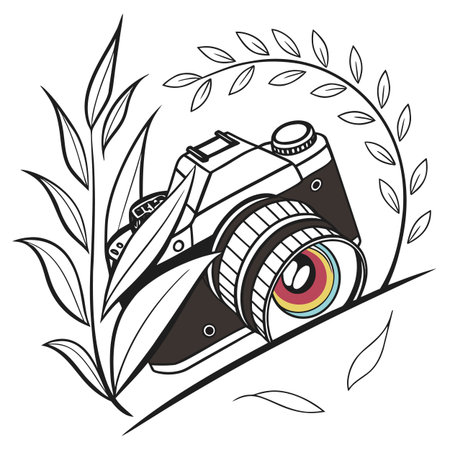 Vector illustration of a retro camera with leaves on a white background.のイラスト素材