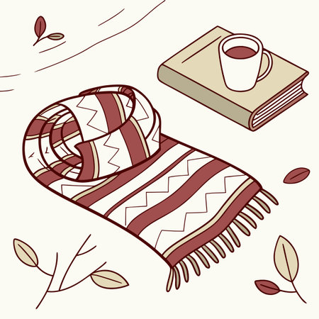 Illustration of a warm scarf, coffee cup, book and leavesのイラスト素材