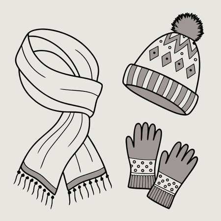 Winter hat, scarf and mittens. Hand drawn vector illustration.のイラスト素材