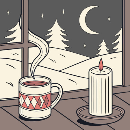 A cup of coffee on the window sill at night. Vector illustrationのイラスト素材