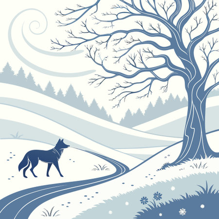 Winter landscape with a wolf and a forest road. Vector illustration.のイラスト素材