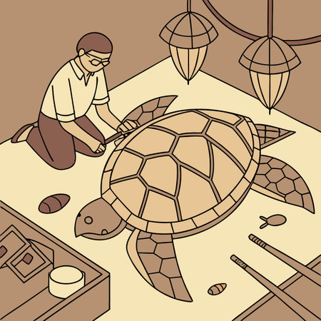 Turtle master paints the shell of a turtle. Vector illustration.のイラスト素材