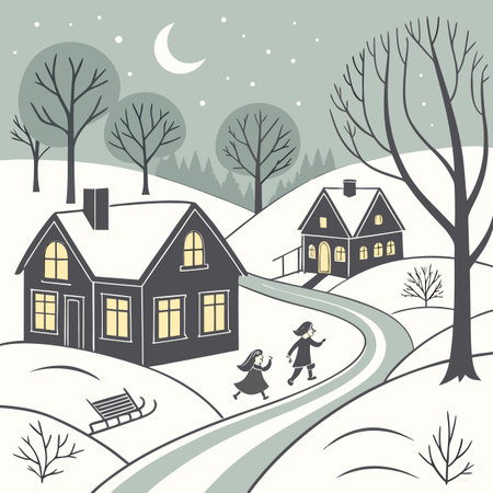 Winter landscape with houses and children in the snow. Vector illustration.のイラスト素材