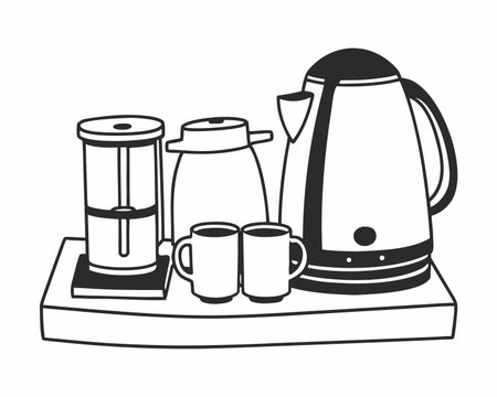 Coffee maker and cups on tray. Vector illustration in doodle style.のイラスト素材