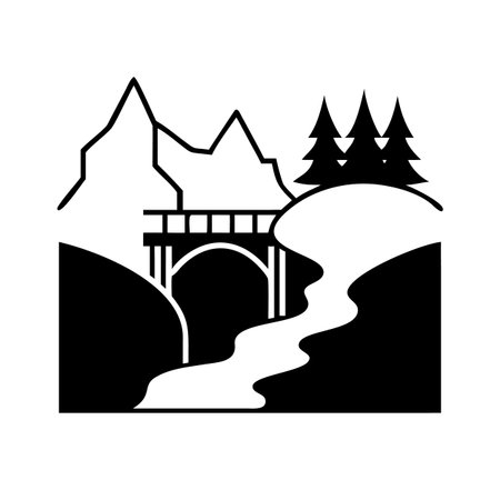 mountains with river and bridge icon over white background. vector illustrationのイラスト素材