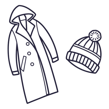 Vector illustration of a winter coat, hat and scarf on a white backgroundのイラスト素材