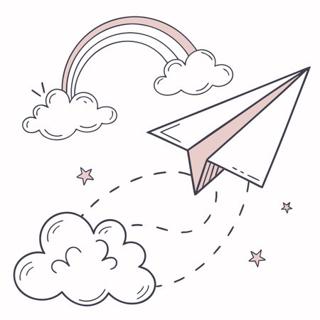 Paper plane with clouds and rainbow. Vector illustration in outline style.のイラスト素材